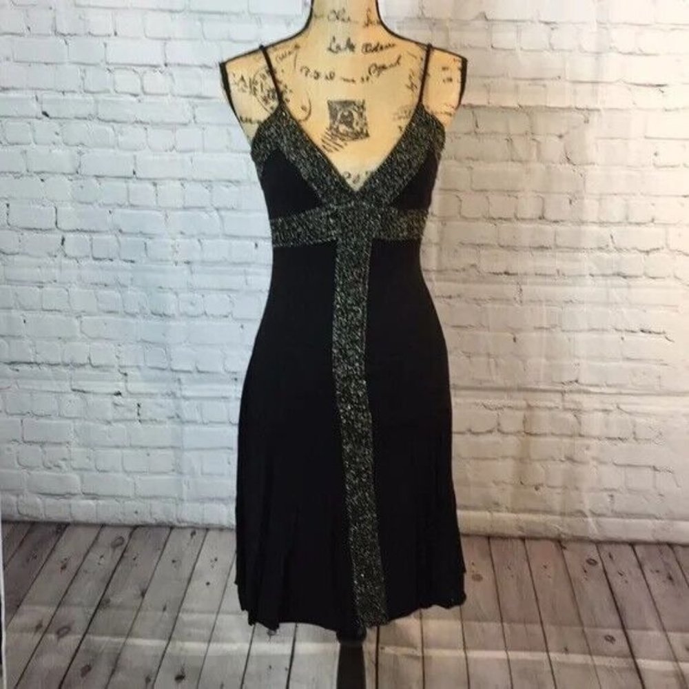 Guess Jeans Black Dress V Neck Plunge Spaghetti Strap Metallic Gold Accent Small